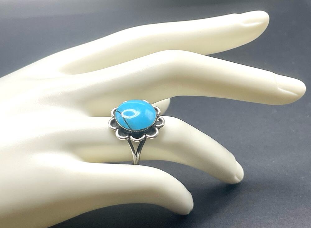 Split Shank Sterling Silver Band Turquoise Glass Cabochon Floral Ring Sz 6.75